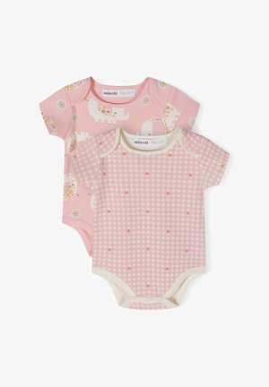 Du kurie kūdikio kombinezonai: vienas rožinis su dramblio raštais ir gėlėmis, kitas rožinis languotas su mažomis gėlėmis. Abu turi trumpas rankoves.