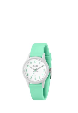 White round watch face with mint green numbers and hands, mint green silicone strap, silver buckle, and brand text on dial.