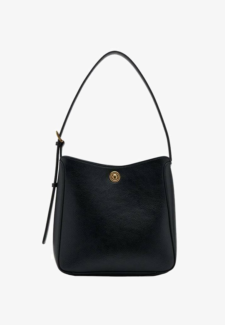 Borsa a spalla in pelle nera con una forma curva, dettagli cuciti orizzontali, finiture circolari dorate e un'unica tracolla regolabile.