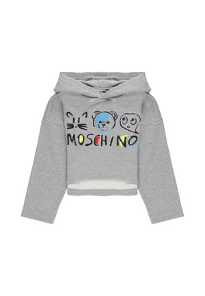 Felpa cropped grigia con maniche lunghe, decorata con volti di gatto, orso e fantasma in stile cartoon sopra il testo multicolore "MOSCHINO".