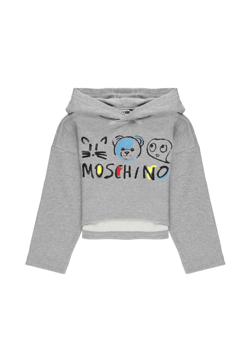 Felpa cropped grigia con maniche lunghe, decorata con volti di gatto, orso e fantasma in stile cartoon sopra il testo multicolore "MOSCHINO".