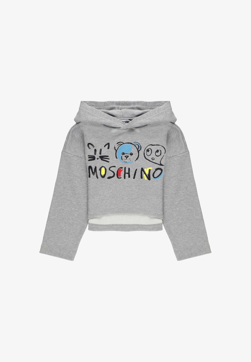 Felpa cropped grigia con maniche lunghe, decorata con volti di gatto, orso e fantasma in stile cartoon sopra il testo multicolore "MOSCHINO".