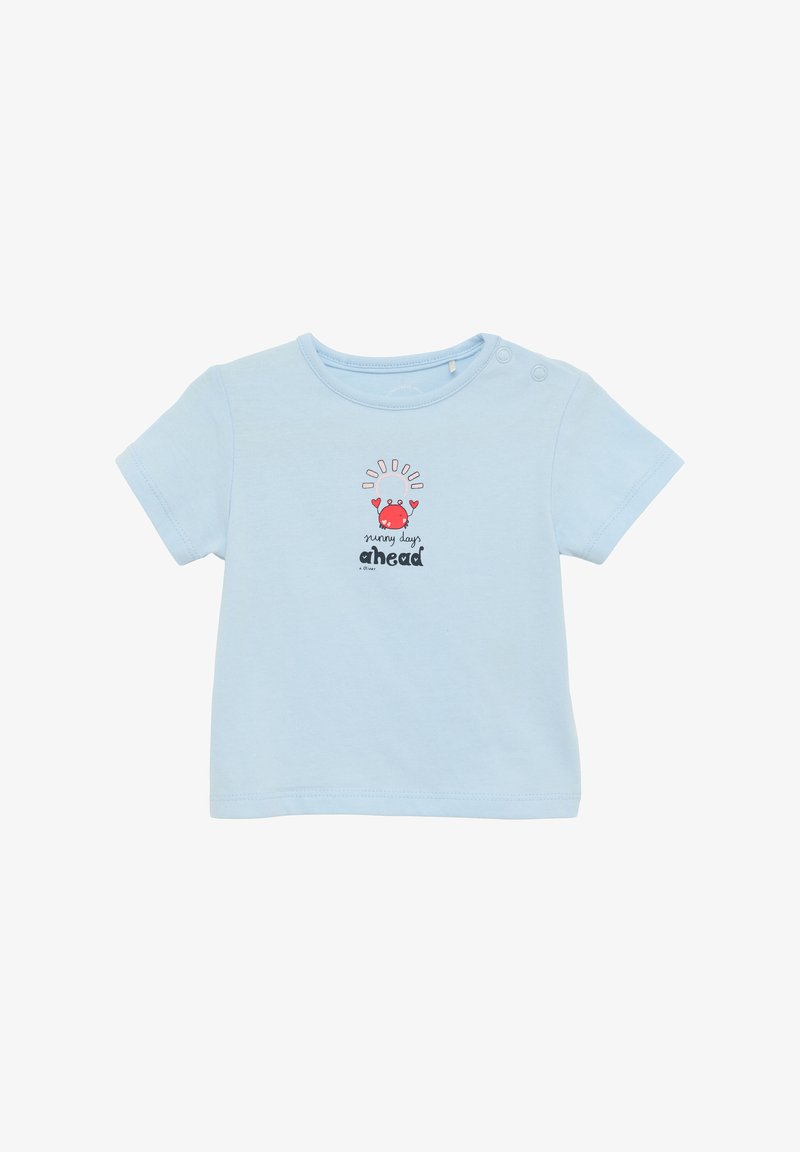 Lichtblauwe T-shirt met korte mouwen van katoen, met een krabillustratie en de tekst "zonnige dagen in het vooruitzicht" in zwart. Twee drukknoopjes op de schouder.