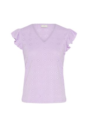 Blouse courte à manches courtes couleur lilas avec col en V, manches à volants et motif texturé en losanges et cercles sur tout le tissu.