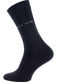 Dark blue sock made of a smooth, stretchy material. Features a ribbed cuff and white text "pierre cardin" near the top.