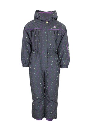 Combinaison de neige d'hiver foncée pour enfant avec capuche, taille et poignets élastiques, décorée de petits points carrés colorés et d'accents violets.