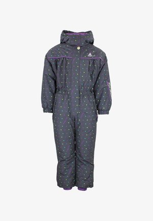 Combinaison de neige d'hiver foncée pour enfant avec capuche, taille et poignets élastiques, décorée de petits points carrés colorés et d'accents violets.