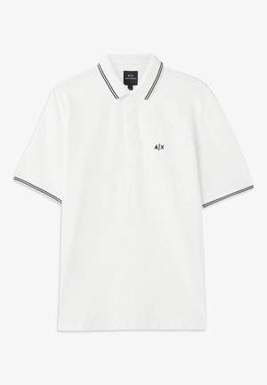 Hvid polo t-shirt med krave, korte ærmer, sort kant på kraven og ærmerne samt et lille sort logo på venstre bryst.