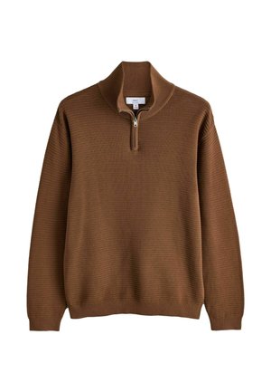 Brown ribbed knit sweater with a short zipper and stand-up collar, long sleeves, and a medium size label.