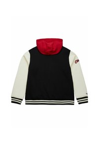 Felpa con cappuccio rossa, corpo nero e maniche crema. Presenta polsini e orlo a costine con strisce bianco e nere. "Champion" ricamato sulla manica.
