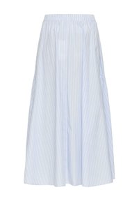 Jupe midi bleu clair avec fines rayures blanches verticales et taille élastique, silhouette évasée.