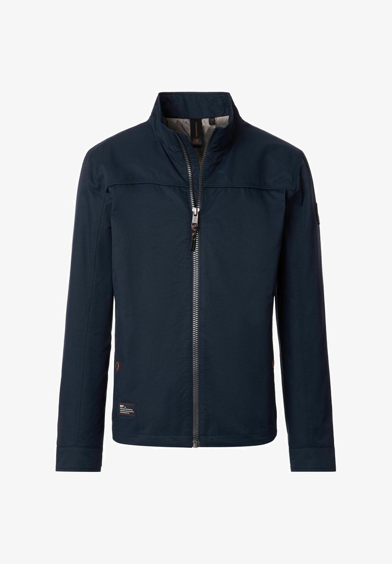 Navy blue men's jacket with a front silver zipper, stand-up collar, long sleeves, and small logo patches on the lower and upper sides.
