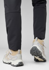 Scarpe da trekking beige e grigie realizzate in mesh e materiali sintetici, con tallone rinforzato, suola testurizzata e lacci a contrasto.