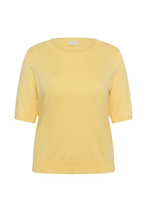Pull en maille jaune clair à manches courtes avec encolure ronde et ourlet côtelé, présenté sur fond blanc.