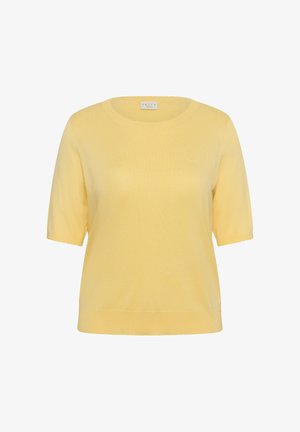 Pull en maille jaune clair à manches courtes avec encolure ronde et ourlet côtelé, présenté sur fond blanc.