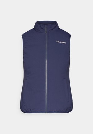 Gilet senza maniche blu navy con colletto alto, chiusura frontale con zip, tasche laterali e logo Calvin Klein sul petto, realizzato in tessuto morbido.
