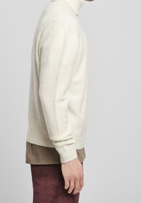 Maglione a collo alto color crema, in tessuto lavorato a maglia, vestibilità regolare, con polsini e orlo a coste, indossato sopra una t-shirt marrone, abbinato a pantaloni color bordeaux.