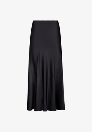 Svart satinmidikjol med en slät textur, utställd silhuett och ett elastiskt midjeband, som erbjuder en svävande design med minimala detaljer.