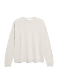 Light grey, long-sleeve sweater with a round neckline. Made from soft fabric with ribbed cuffs and hem. Tag visible at the side.
