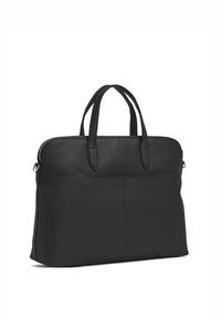Borsa a tracolla nera in pelle con doppi manici superiori, chiusura con zip e texture liscia. Presenta una tasca frontale e un design minimalista.