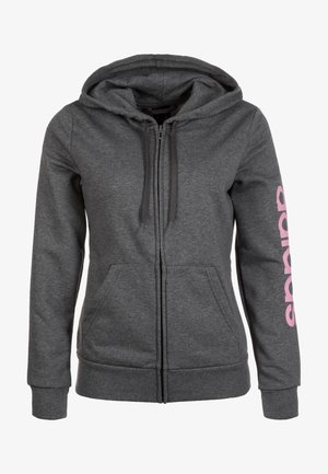 Sudadera con cremallera gris con capucha, bolsillos tipo canguro y letras rosas en la manga. Hecha de una tela suave y texturizada.