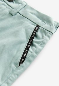 Light green shorts with a smooth texture, featuring a black label with white text, and a folded waistband detail.