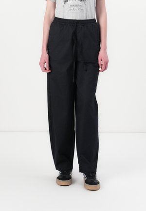 Black wide-leg pants with an elastic waistband and drawstring. Made of lightweight fabric, featuring a smooth texture and relaxed fit.