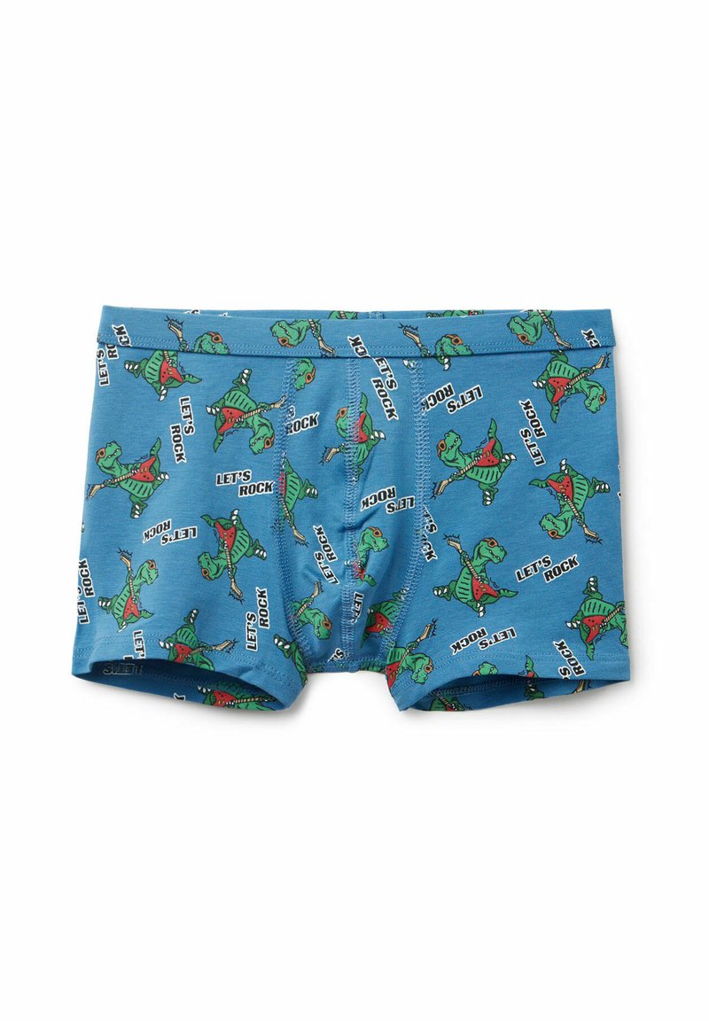 Modré boxerky se vzorem zelených dinosaurů hrajících na kytary s textem "POJĎME ROCKOVAT." Vyrobené z pružného bavlněného materiálu.