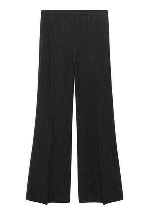 Black wide-leg trousers with subtle vertical pinstripes and an elastic waistband, displayed flat on a white background.