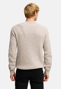 Hellgrauer Strukturpullover mit langen Ärmeln, Rundhalsausschnitt und strukturiertem Strick. Sichtbare Nähte an den Schultern und enganliegende Bündchen.