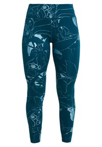 Turkusowe legginsy z odważnym wzorem kwiatowym w jaśniejszym odcieniu niebieskiego. Wykonane z elastycznej tkaniny, z wysokim stanem dla komfortu i wsparcia.