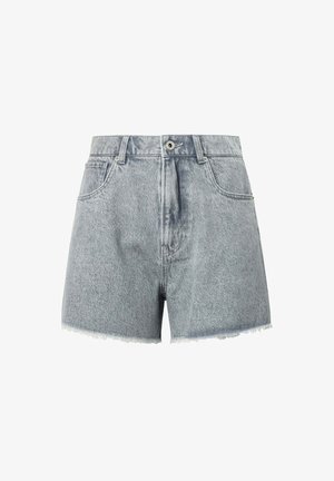 Vaaleanharmaat farkkushortsit, joissa on korkea vyötärö, edessä nappikiinnitys, kaksi taskua ja repaleinen helma. Teksturoitu kangas, jossa on klassinen malli.