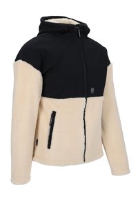 Kapuzejacke mit einem schwarzen oberen Abschnitt und einem cremefarbenen, flauschigen Fleece-Unterteil. Verfügt über zwei seitliche Reißverschlusstaschen und einen Frontreißverschluss.