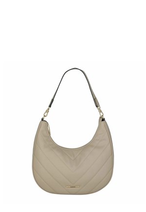 Beige gesteppte Schultertasche mit einer geschwungenen Form, goldenen Hardware-Akzenten und einer glatten Textur; verfügt über einen einzelnen verstellbaren Trageriemen.