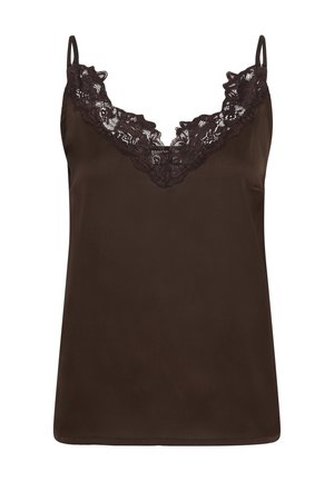 Smeđa satenska majica na tanke naramenice s crnim cvjetnim čipkastim ukrasom duž V-izreza.