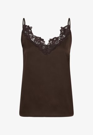 Smeđa satenska majica na tanke naramenice s crnim cvjetnim čipkastim ukrasom duž V-izreza.