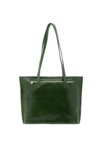 Sac fourre-tout en cuir vert avec une finition brillante, double bretelles et une fermeture zippée en haut. Comprend une poche zippée à l'avant.