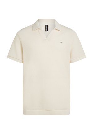 Lühikeste varrukatega polosärk kreemjas toonis, millel on tekstuurne kangas, V-kujuline krae ja kontrastse äärega krae. Esiküljel väike logodega detail.