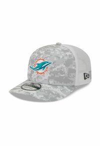 Graues Camouflage-Baseballcap mit einem Miami Dolphins-Logo in Türkis und Orange, strukturiertem Vorderteil, Netzeinsätzen an den Seiten und verstellbarem Riemen.