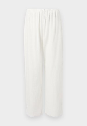 Pantalon blanc à taille élastique et cordon, coupe ample, longues jambes droites, poches latérales.