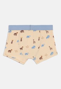 Béžové chlapecké trenýrky s modrým pasem, se vzorem modrých a hnědých safari zvířat, včetně lvů, slonů, hrochů a žiraf.