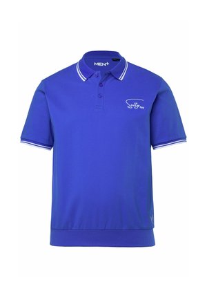 Niebieska koszulka polo z krótkim rękawem, białym paskowanym kołnierzykiem i mankietami, zapięciem na trzy guziki oraz logo "Salty Bay" na lewej piersi.