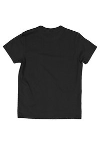 Schwarzes Baumwoll-T-Shirt, kurze Ärmel, Rundhalsausschnitt, schlichte Rückseite ohne Grafiken oder Logos. Weicher Stoff mit lockerer Passform.