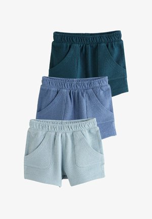Conjunto de tres pantalones cortos en verde oscuro, azul claro y azul. Hechos de una tela texturizada, con cintura elástica y bolsas laterales.