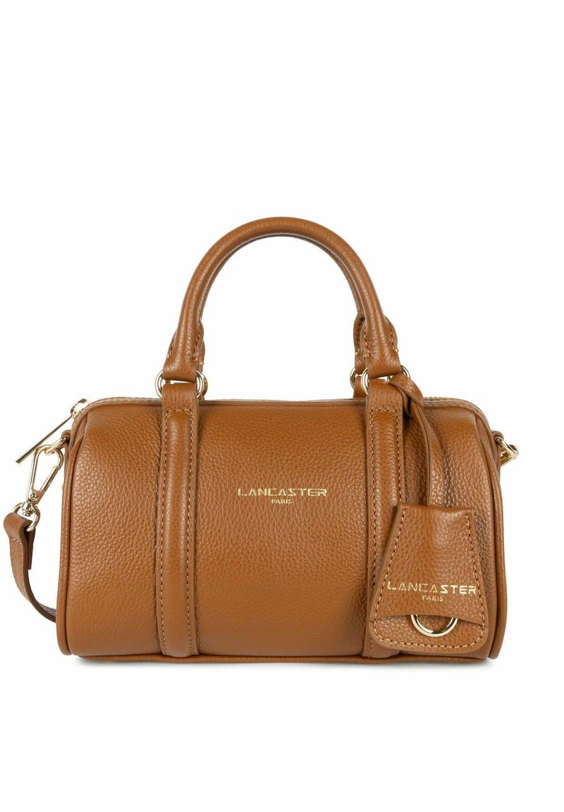 Borsa a mano in pelle marrone con doppi manici e tracolla removibile. Caratterizzata da una finitura testurizzata e da una branding in tonalità oro sulla parte anteriore.