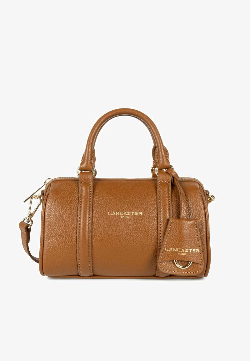 Borsa a mano in pelle marrone con doppi manici e tracolla removibile. Caratterizzata da una finitura testurizzata e da una branding in tonalità oro sulla parte anteriore.