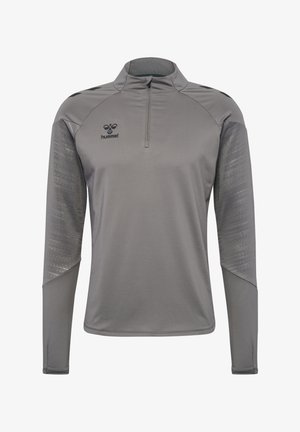 Graues Langarm-Sportshirt mit Viertel-Reißverschluss-Kragen, strukturierten Ärmeln und einem schwarzen Logo auf der Brust. Glatter Stoff mit dehnbarem Sitz.