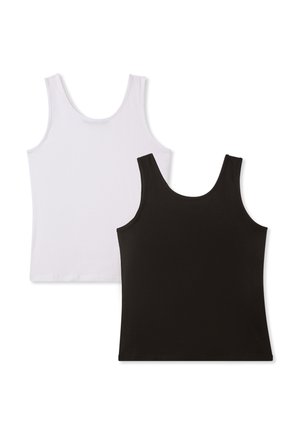 Due magliette senza maniche in cotone: una bianca e una nera. Entrambe presentano un collo a barca e sono realizzate in tessuto liscio ed elastico senza motivi.