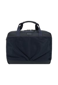 Borsa per laptop blu navy con tasca frontale in mesh, manici doppi robusti e finitura liscia. Caratteristiche chiusura con zip e fondo rinforzato.