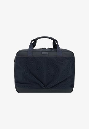 Granatowa torba na laptopa z siateczkową przednią kieszenią, solidnymi podwójnymi uchwytami i gładkim wykończeniem. Posiada zamknięcie na zamek oraz wzmocnione dno.
